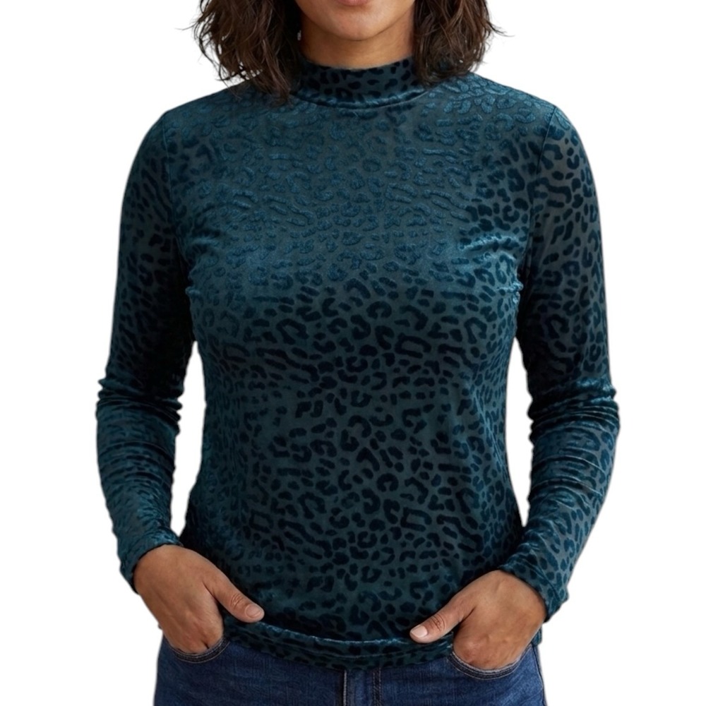 LANE BRYANT Mock Neck Top 18/20 Teal Leopard Velvet Burnout Long Sleeve NWT